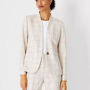 Ann Taylor The Cutaway Blazer in Plaid Rose Bloom Womens Size 16 Cream Pink
